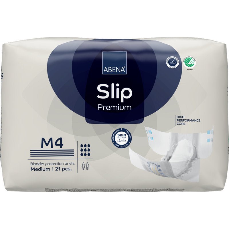 Balení 21 kusů ABENA Slip Premium od Abena Re-Seller GmbH, velikost M4, pro efektivní inkontinenční péči. Balení se vyznačuje vysoce výkonným jádrem, kožní přívětivostí a obrázkem otevřeného slipu.