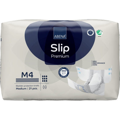 Balení 21 kusů ABENA Slip Premium od Abena Re-Seller GmbH, velikost M4, pro efektivní inkontinenční péči. Balení se vyznačuje vysoce výkonným jádrem, kožní přívětivostí a obrázkem otevřeného slipu.