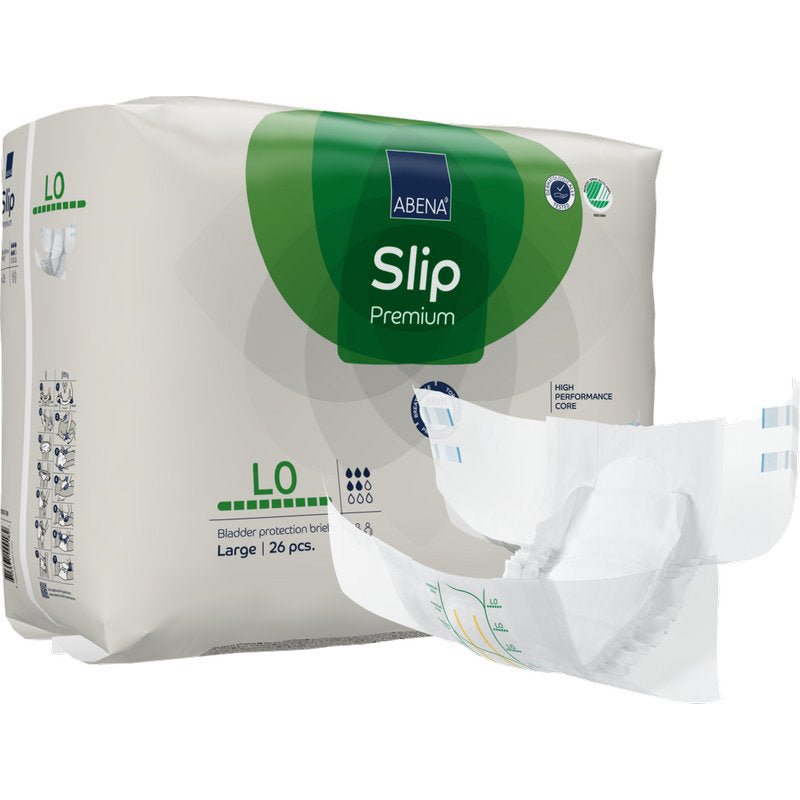 Balení ABENA Slip Premium plen pro dospělé od společnosti Abena Re-Seller GmbH, velikost velká, 26 kusů na balení. Jedna nerozložená plena je zobrazena před zeleno-modrým obalem s viditelnými detaily produktu.