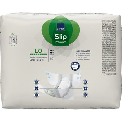 Balení ABENA Slip Premium slipů od společnosti Abena Re-Seller GmbH, velká velikost, 26 kusů. Obal ukazuje vlastnosti produktu, ikony a ruce držící slip.