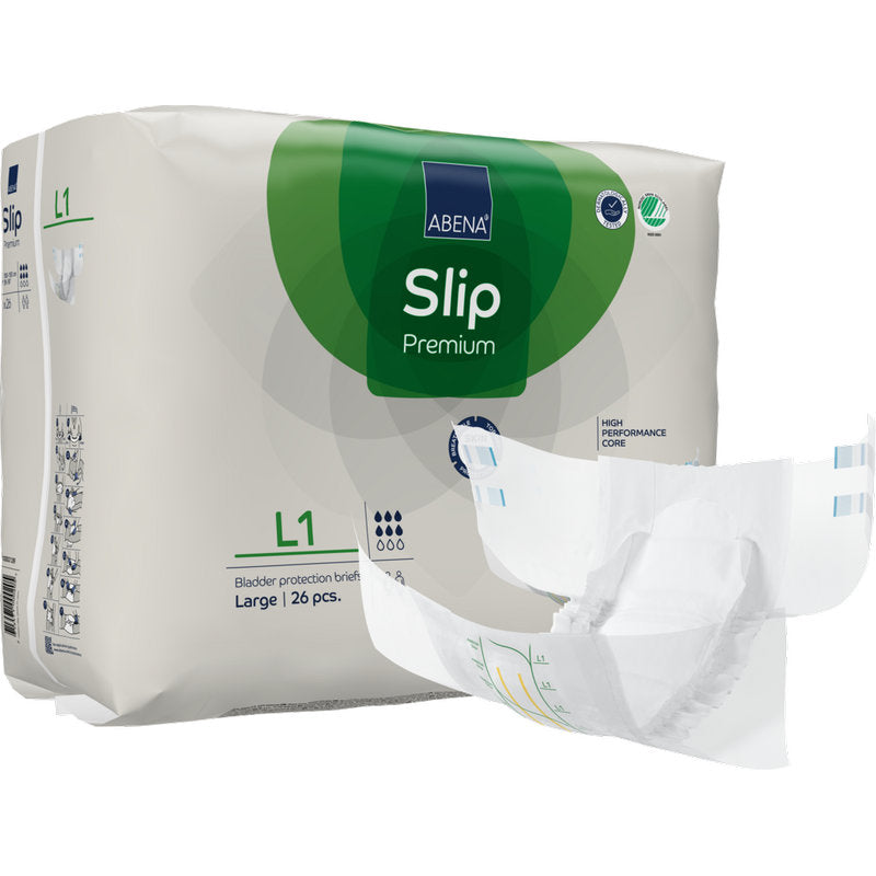 Eine Packung ABENA Slip Premium Inkontinenzslips für Erwachsene von Abena Re-Seller GmbH, Größe Large, enthält 26 Stück. Ein Slip ist außerhalb der Packung abgebildet und zeigt sein aufgeklapptes Design und den saugfähigen Kern für zuverlässigen Schutz.