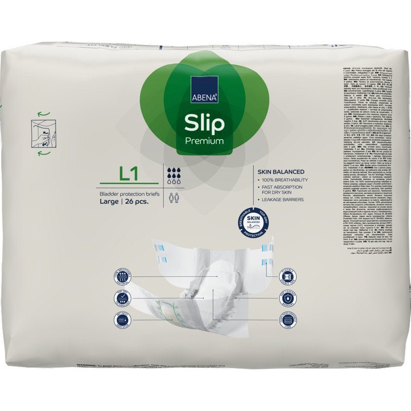 Balení ABENA Slip Premium od společnosti Abena Re-Seller GmbH, 26 kusů, velikost velká, pro efektivní inkontinenční péči. Převážně bílý obal má zelené a modré akcenty s informacemi o produktu a zkrácenými obrázky.