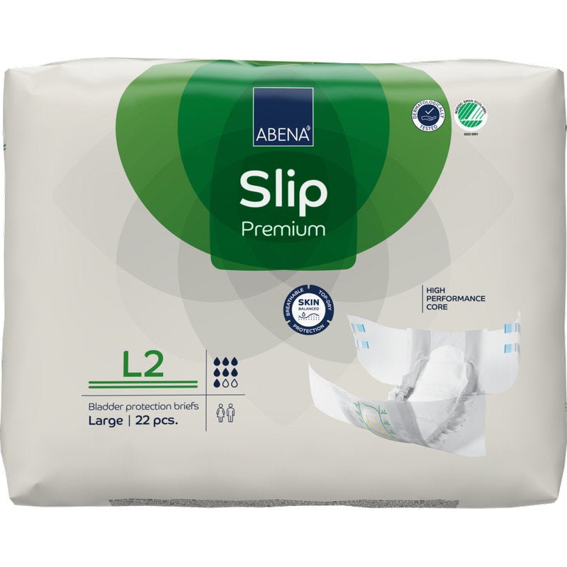 Balení ABENA Slip Premium od společnosti Abena Re-Seller GmbH, 22 kusů, velikost Large, v převážně bílém obalu se zelenými akcenty; obsahuje "výkonné jádro" pro efektivní ochranu močového měchýře.