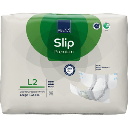 Balení ABENA Slip Premium od společnosti Abena Re-Seller GmbH, 22 kusů, velikost Large, v převážně bílém obalu se zelenými akcenty; obsahuje "výkonné jádro" pro efektivní ochranu močového měchýře.