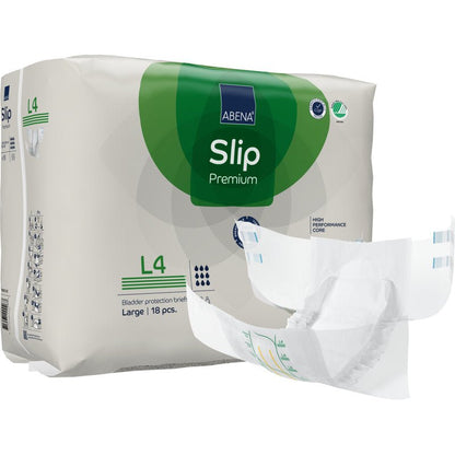 Balení ABENA Slip Premium od společnosti Abena Re-Seller GmbH, velký formát (18 kusů), je zobrazeno vedle nerozloženého slipu, aby vynikly design a vlastnosti.