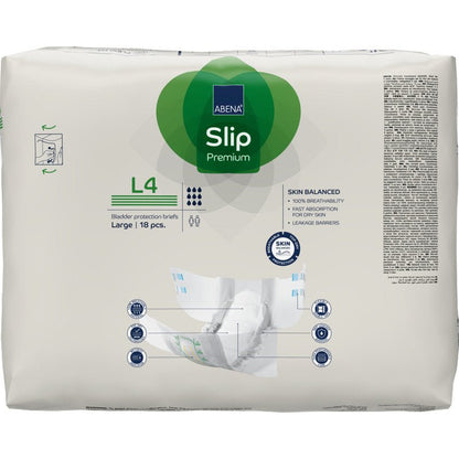 Balení ABENA Slip Premium od společnosti Abena Re-Seller GmbH, velikost Large, 18 kusů. Obal ukazuje vlastnosti produktu a ilustraci slipu drženého v ruce pro usnadnění inkontinenční péče.