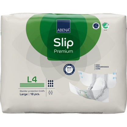 Balení ABENA Slip Premium od společnosti Abena Re-Seller GmbH, velikost Large (L4), obsahuje 18 slipů. Bílo-zelený obal ukazuje otevřený slip a ikony pro vysokou savost a ochranu pokožky.