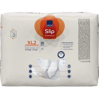 Balení ABENA Slip Premium od Abena Re-Seller GmbH, velikost XL2, obsahuje 21 kusů v béžovém obalu s modrými a oranžovými akcenty, detaily produktu, rukou držící plenu a ikonami péče o inkontinenci.