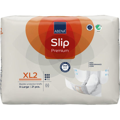 Balení ABENA Slip Premium od společnosti Abena Re-Seller GmbH, 21 kusů, velikost X-Large, má bílý obal s oranžovými a červenými akcenty, které zdůrazňují hlavní výhody pro efektivní inkontinenční péči.