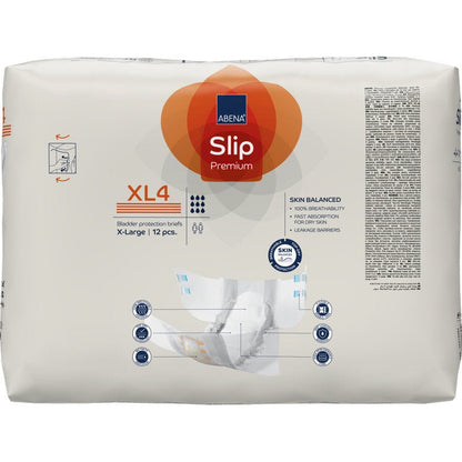 Balení ABENA Slip Premium od Abena Re-Seller GmbH, velikost XL4 X-Large, 12 kusů na balení, s přední částí a rukama držícími slip - perfektní pro spolehlivou péči o inkontinenci.