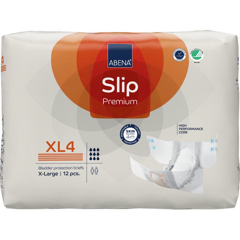 Balení ABENA Slip Premium od Abena Re-Seller GmbH, velikost X-Large (XL4), obsahuje 12 slipů pro inkontinenci. Bílý obal je zdoben oranžovými a modrými akcenty a ukazuje obrázky slipu a vlastností produktu.