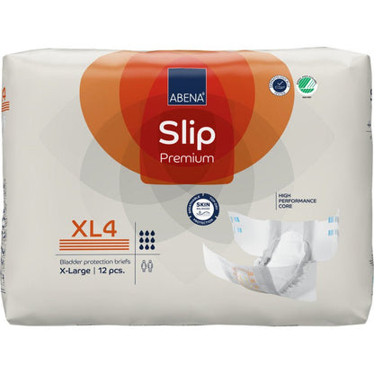 Balení ABENA Slip Premium od Abena Re-Seller GmbH, velikost X-Large (XL4), obsahuje 12 slipů pro inkontinenci. Bílý obal je zdoben oranžovými a modrými akcenty a ukazuje obrázky slipu a vlastností produktu.