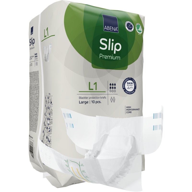 Balení ABENA Slip Premium pro dospělé od společnosti Abena Re-Seller GmbH, velikost Large, s jedním slipem vpředu. Obalové prvky zahrnují výkonné jádro a materiál šetrný k pokožce pro optimální inkontinenční péči.