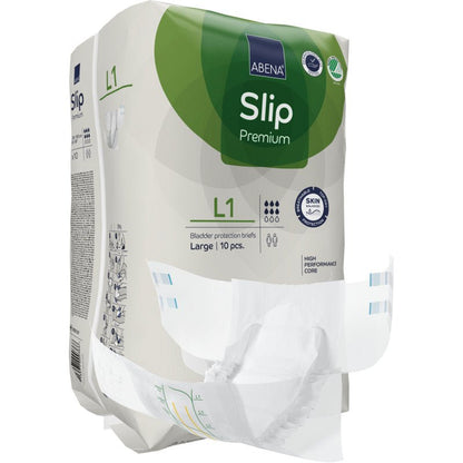 Balení ABENA Slip Premium pro dospělé od společnosti Abena Re-Seller GmbH, velikost Large, s jedním slipem vpředu. Obalové prvky zahrnují výkonné jádro a materiál šetrný k pokožce pro optimální inkontinenční péči.