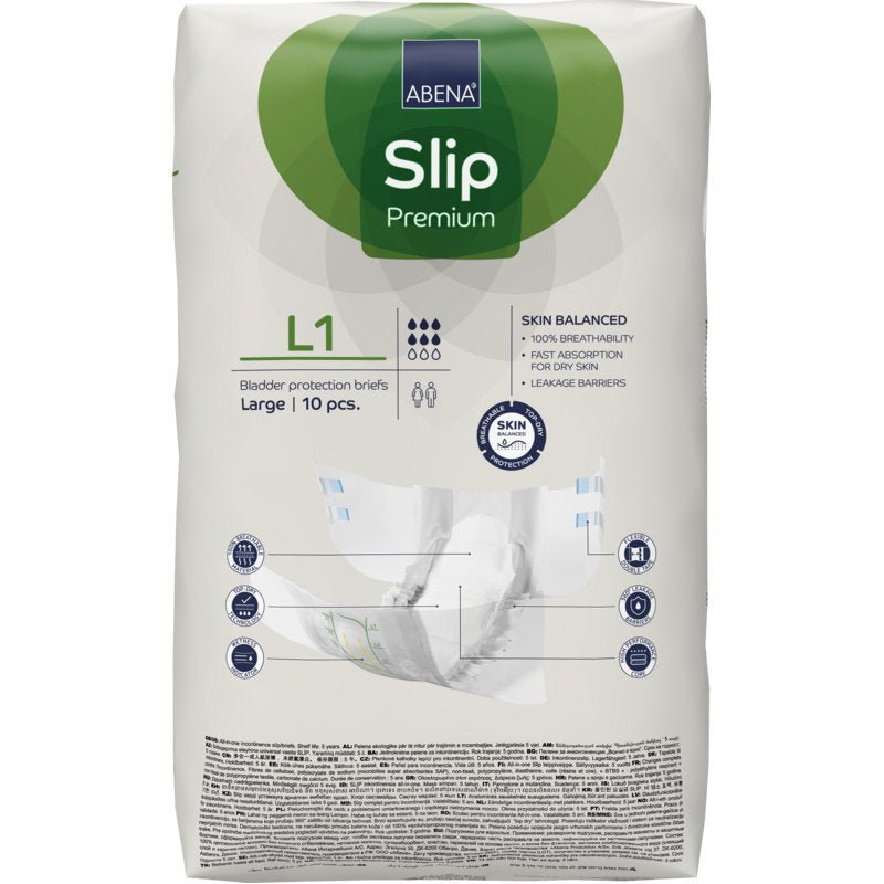 Balení ABENA Slip Premium od společnosti Abena Re-Seller GmbH, velikost velká, 10 kusů. Bílý obal má zelené a modré akcenty a jasné informace o produktu na přední straně.