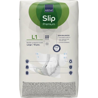 Balení ABENA Slip Premium od společnosti Abena Re-Seller GmbH, velikost velká, 10 kusů. Bílý obal má zelené a modré akcenty a jasné informace o produktu na přední straně.