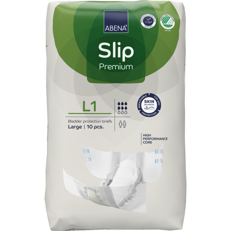 Balení ABENA Slip Premium od společnosti Abena Re-Seller GmbH, 10 kusů, velikost L1. Bílo-zelený obal zdůrazňuje ochranu pokožky a výkonné jádro pro efektivní inkontinenční péči.