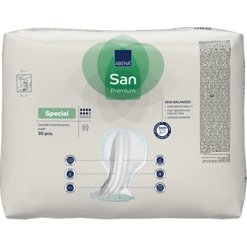 Balení 30 vložek ABENA San Premium pro inkontinenci od společnosti Abena Re-Seller GmbH s vysokou savostí. Převážně bílý obal s modrými a zelenými akcenty, obsahující produktové obrázky a detaily.