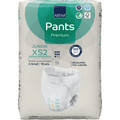 Balení ABENA Pants Junior Premium, vel. XS2 (18 kusů) od Abena Re-Seller GmbH nabízí ochranu proti úniku moči pro juniory. Obal ukazuje vlastnosti produktu, certifikační loga a obrázek pleny.