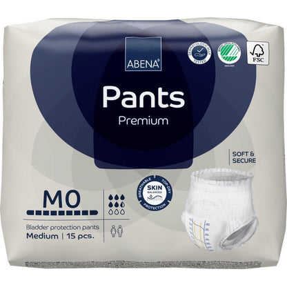 Balení 15 ks ABENA Pants Premium M od Abena Re-Seller GmbH se vyznačuje vysokou savostí, "soft & secure" a "skin-friendly" vlastnostmi, s produktovými a udržitelnostními symboly na obalu.