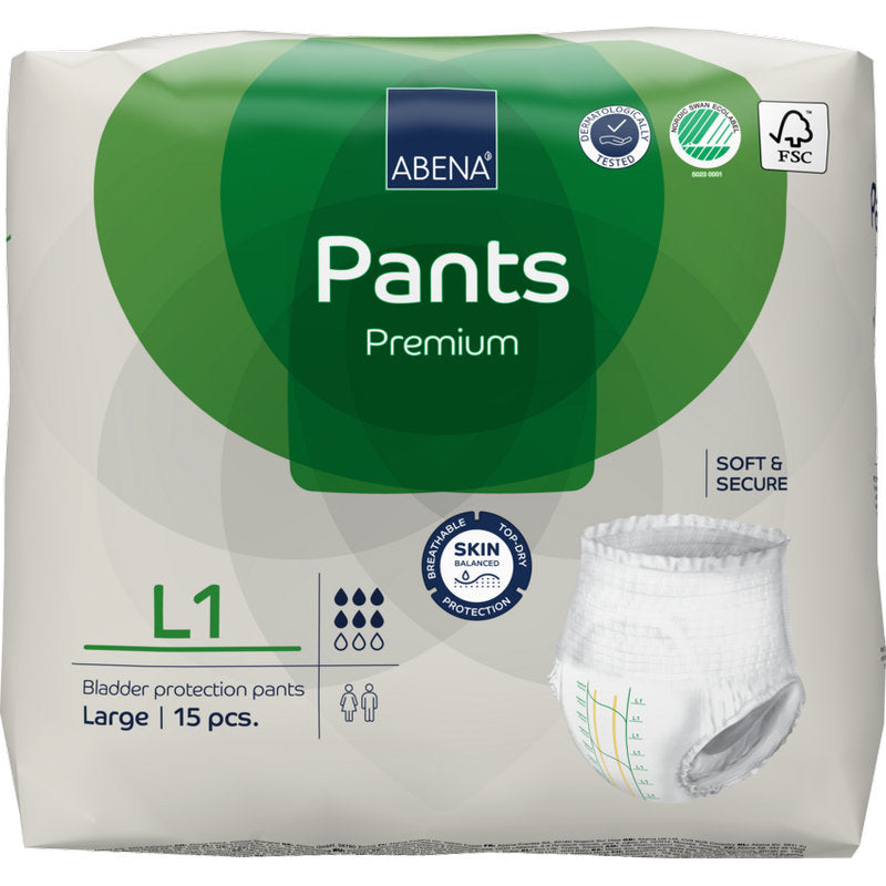 Eine Packung ABENA Pants Premium L von Abena Re-Seller GmbH, Größe Large, enthält 15 Blasenschutzhosen. Die weiß-grüne Packung trägt die Aufschrift Auslaufschutz und zeigt die Abbildung einer Schutzhose.