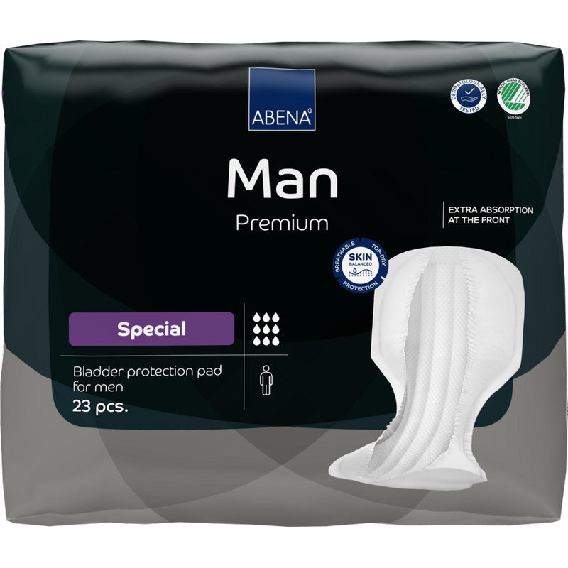 Eine Packung ABENA Man Special, Premium von Abena Re-Seller GmbH (23 Tampons) bietet extra Frontabsorption und Auslaufschutz. Die überwiegend schwarze Verpackung ist mit weißen und lila Akzenten versehen.