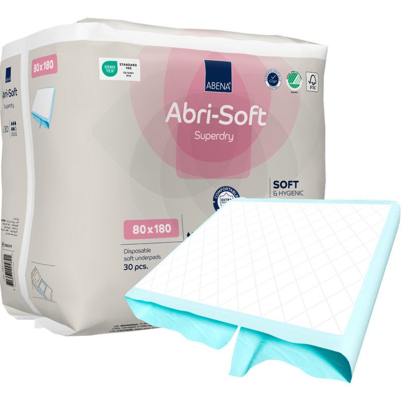 Balení jednorázových podložek Abena Re-Seller GmbH Abri-Soft Superdry, 80x180 cm, obsahuje 30 jednorázových podložek. Jedna podložka je částečně rozložená. Balení zdůrazňuje hlavní vlastnosti - ideální pro péči o inkontinenci.