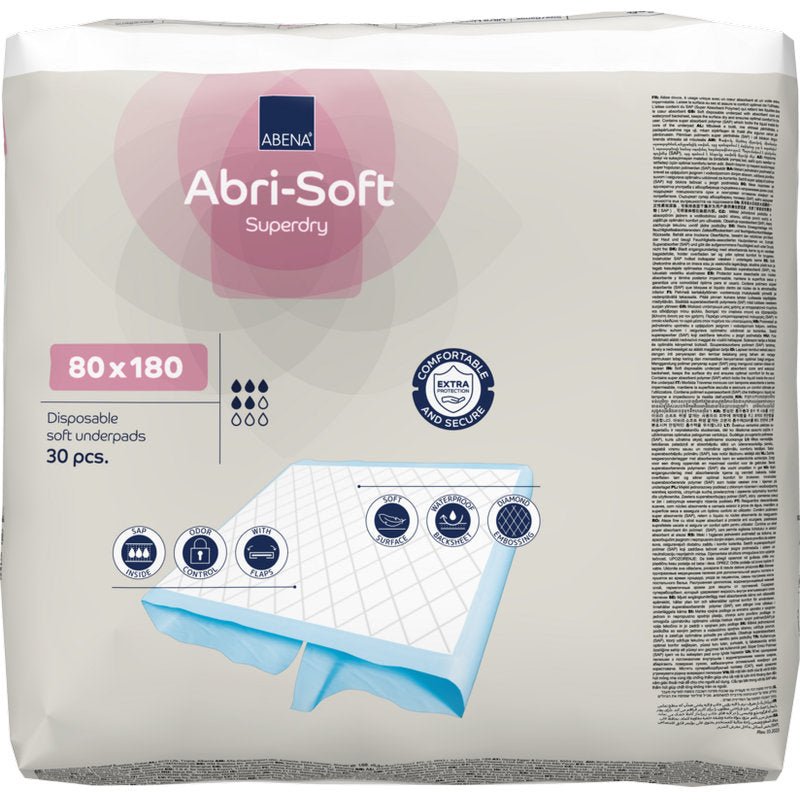 Balení s 30 jednorázovými podložkami Abri-Soft Superdry (80x180 cm) od Abena Re-Seller GmbH. Balení zdůrazňuje použití pro inkontinenci, ukazuje velikost a zobrazuje obrázky měkké konstrukce podložky.