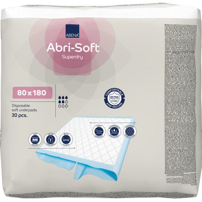Balení s 30 jednorázovými podložkami Abri-Soft Superdry (80x180 cm) od Abena Re-Seller GmbH. Balení zdůrazňuje použití pro inkontinenci, ukazuje velikost a zobrazuje obrázky měkké konstrukce podložky.