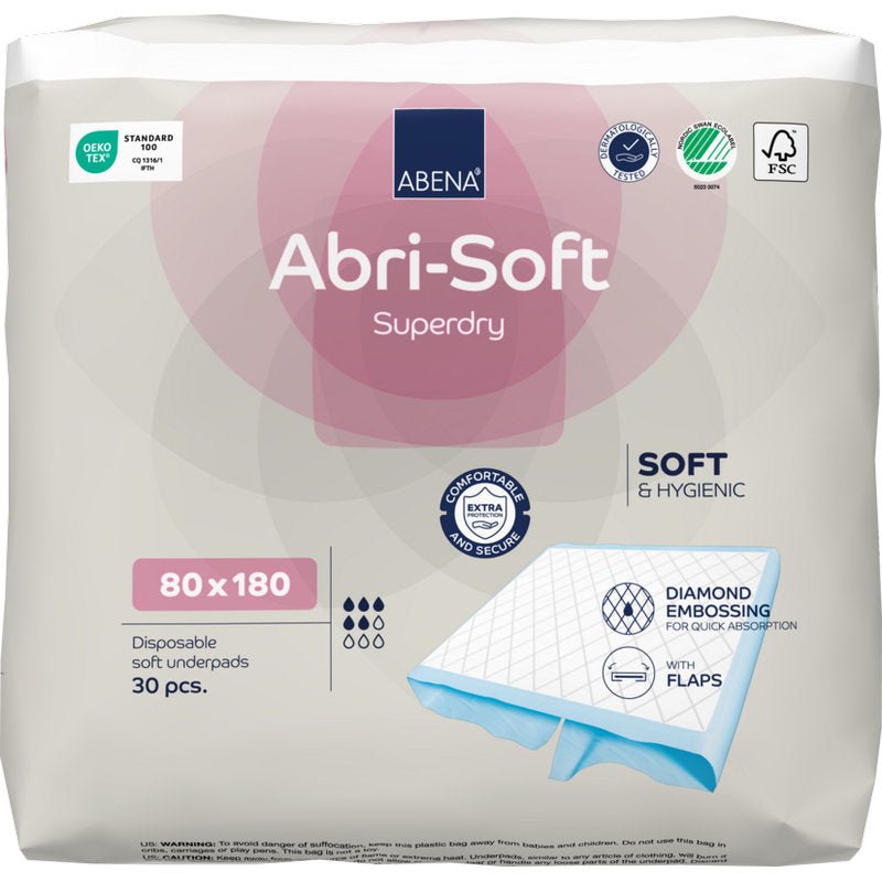 Balení 30 kusů jednorázových podložek Abena Re-Seller GmbH Abri-Soft Superdry 80x180 cm poskytuje hygienickou, extra savou ochranu pro inkontinenci s měkkým materiálem a diamantovým vzorem pro optimální pohodlí a absorpci.