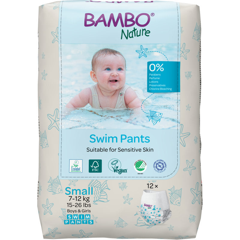 Plenky na plavání Bambo Nature, vel. S, 7-12 kg (balení po 12 kusech) od společnosti Abena Re-Seller GmbH jsou bez parabenů a parfémů - ideální pro citlivou dětskou pokožku a malé plavce s váhou 7-12 kg.