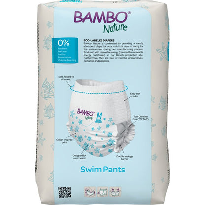 Balíček 12 plaveckých plenek Bambo Nature, vel. M (12+ kg) od Abena Re-Seller GmbH: bílé plenky s modrým motivem mořské hvězdice, ekologicky označené a bez parabenů, krémů a vůní.