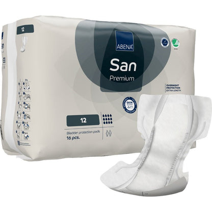 Balení ABENA San Premium od společnosti Abena Re-Seller GmbH je zobrazeno vedle jednoho otevřeného tamponu. Na obalu je uvedeno množství, vysoká savost, síla savosti a různé produktové symboly.