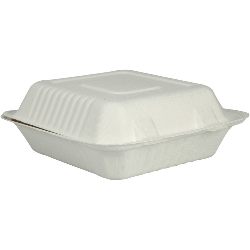 Eine geschlossene, weiße MenüBox aus Bagasse (22,3x20,1x7,7 cm) der Marke Abena Re-Seller GmbH steht auf schlichtem weißem Hintergrund. Verpackungseinheit: 50 Stück.