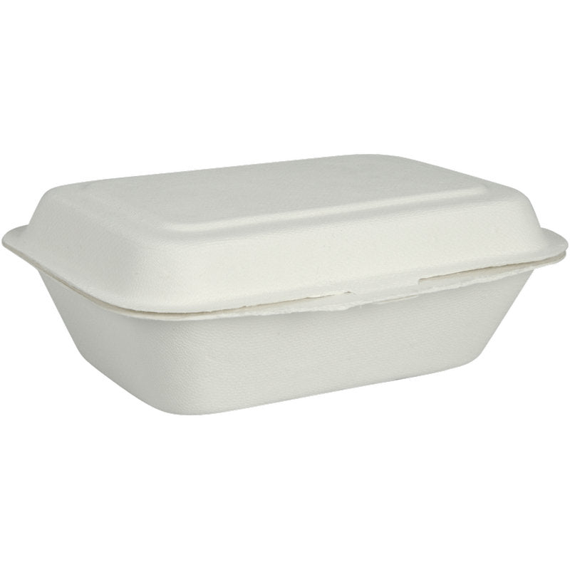 Menu box, bagasa, nerozdělená, bílá od Abena Re-Seller GmbH je uzavřený, obdélníkový bílý obal na jídlo z vláknitého materiálu. Je biologicky odbouratelná a kompostovatelná a je zobrazena na jednoduchém bílém pozadí.
