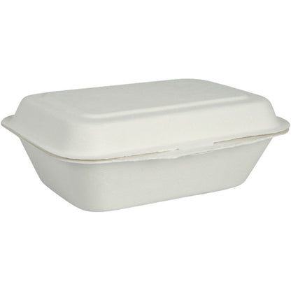 Menu box, bagasa, nerozdělená, bílá od Abena Re-Seller GmbH je uzavřený, obdélníkový bílý obal na jídlo z vláknitého materiálu. Je biologicky odbouratelná a kompostovatelná a je zobrazena na jednoduchém bílém pozadí.