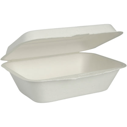 Otevřená, nerozdělená menu box bagasa v bílé barvě od Abena Re-Seller GmbH, vyrobená z biologicky odbouratelného a kompostovatelného materiálu, je zobrazena prázdná s vyklopeným víkem na jednoduchém pozadí.