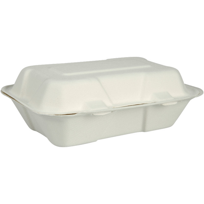Menu box, bagasa, nerozdělená, bílá od Abena Re-Seller GmbH je uzavřený, obdélníkový bílý obal na jídlo s klopným víkem z kompostovatelného a biologicky odbouratelného materiálu, zobrazený na jednoduchém bílém pozadí.