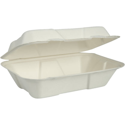 Bílá, obdélníková menu box, bagasa, nerozdělená od Abena Re-Seller GmbH je zobrazena otevřená se zvednutým víkem. Kompostovatelný a biologicky odbouratelný vláknitý obal je prázdný a stojí na jednoduchém pozadí.