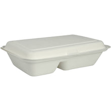Die Menübox von Abena Re-Seller GmbH aus Bagasse, 2-geteilt in Weiß (25x16,2x6,3 cm), biologisch abbaubar und als Packung mit 50 Stück, ist vor schlichtem weißem Hintergrund abgebildet.