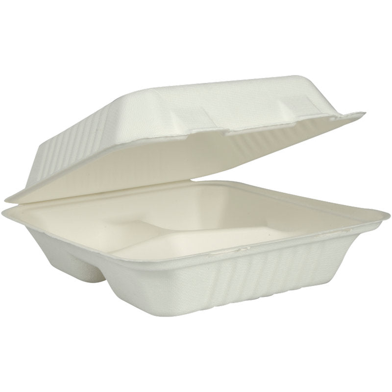 Bílá menu krabička z bagasy od Abena Re-Seller GmbH (3-dílná, 22,3x20x7,8 cm) je vidět otevřená s lehce zvednutým víkem a ukazuje své tři vnitřní přihrádky. Balení po 50 kusech.