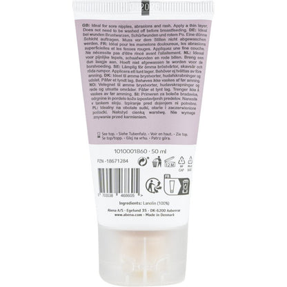 Zadní strana tuby o objemu 50 ml Abena Re-Seller GmbH Repair Creme, 100% lanolin, neparfémovaná; s vícejazyčným textem, informacemi o použití a recyklaci, symboly kvality, čárovým kódem, číslem šarže, složkami. Vyrobeno v Dánsku. K dispozici v kartonu (6 balení).