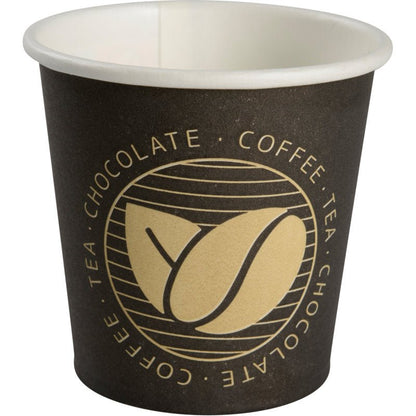 Espresso šálek "Beans", 10 cl od Abena Re-Seller GmbH je černý papírový kelímek s béžovým vnitřkem, kruhovým Beans Design logem a "COFFEE - TEA - CHOCOLATE" v béžovém písmu. Prodává se v baleních po 50 kusech.