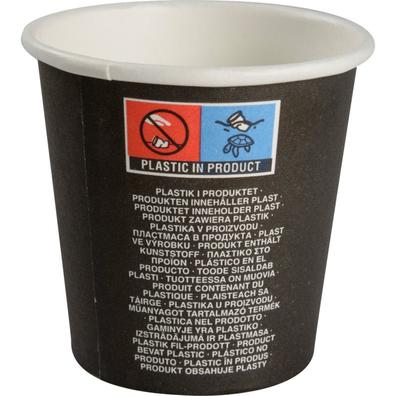 Černý espresso šálek "Beans", 10 cl od Abena Re-Seller GmbH, s vícejazyčným varovným upozorněním "PLASTIC IN PRODUCT" a ikonami přeškrtnutého příboru a včely - alternativa k keramice, balení po 50 kusech.