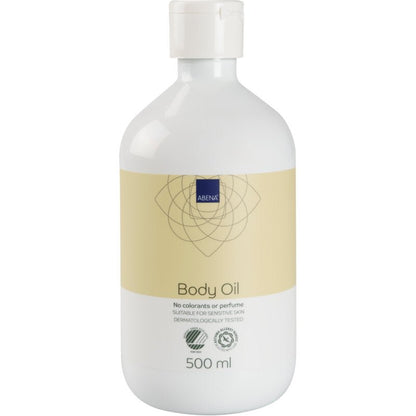 Bílá 500ml plastová láhev s nápisem "Péče o pleťový olej" od Abena Re-Seller GmbH, bez barviv a parfémů, vyrobená z přírodních složek a ideální pro citlivou pokožku; k dispozici jako karton s 6 baleními.