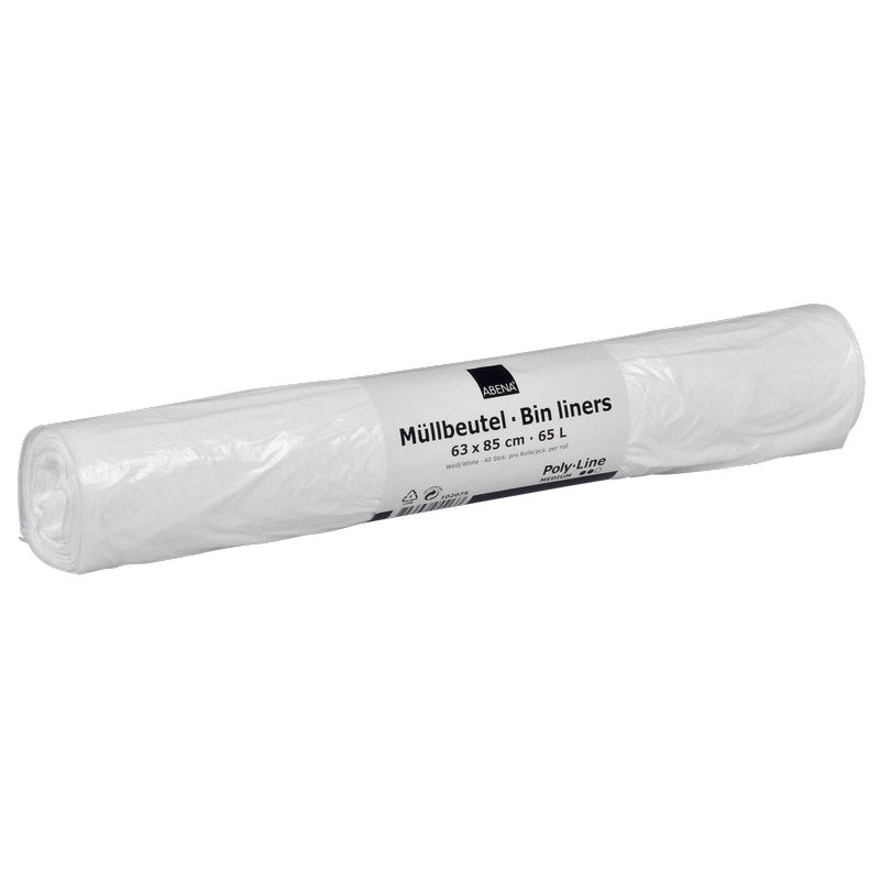 Jedna bílá role Abena Re-Seller GmbH odpadkových pytlů 65 L (630x850 mm, 13 my LDPE), nepoužitá a pevně zabalená, obsahuje 40 pytlů na roli - ideální pro likvidaci odpadu.
