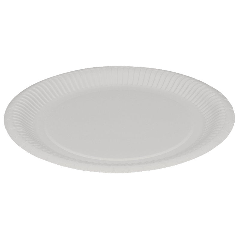 Ein Pappteller, flach ø 23 cm in Weiß von Abena Re-Seller GmbH (Packung mit 50 Stück), ist gegen weißen Hintergrund gezeigt - umweltfreundlich und ideal für jede Gelegenheit.