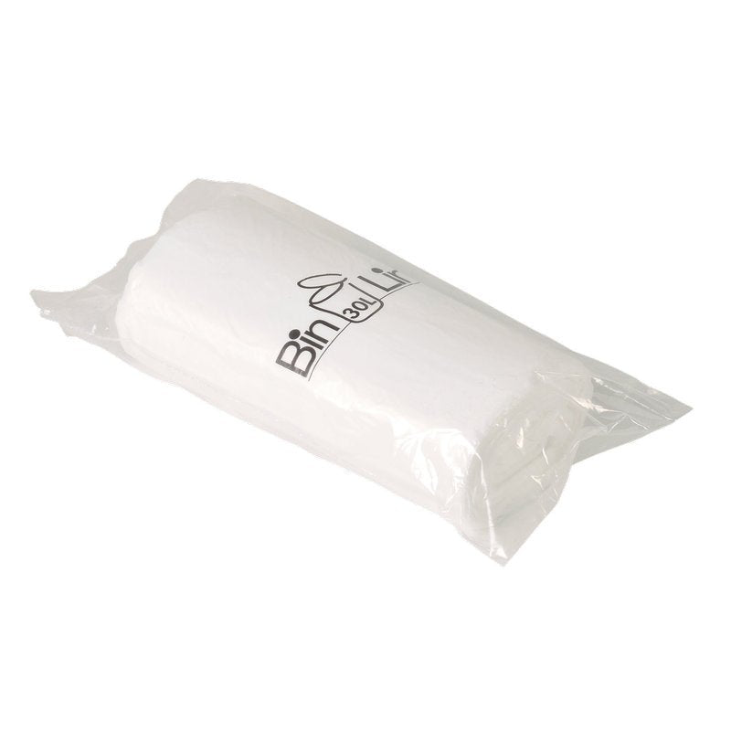 Role sáčků Bin Line 30 L, 470x840 mm, 10 my LLDPE, bílá (20 sáčků) od společnosti Abena Re-Seller GmbH, baleno v průhledném plastovém obalu s černým logem "Bin Lin" na přední straně.