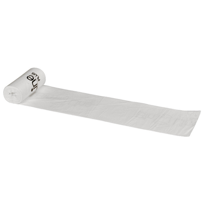 Abgebildet ist eine teilweise abgerollte Rolle Abena Re-Seller GmbH Bin Line Beutel Plus 30 L (470x840 mm, 20 my LLDPE, Weiß, Rolle mit 15 Beuteln) auf weißem Hintergrund, mit schwarzer Schrift auf dem reißfesten Müllbeutel.