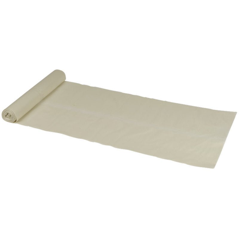 Část role s krémově zbarvenou látkou je rozvinuta na rovné ploše - ideální pro vyložení s Abena Re-Seller GmbH odpadkovými pytli 120 L, 700x1100 mm, 45 my LDPE, Transparentní (role s 10 pytli) pro dodatečnou čistotu a pohodlí.